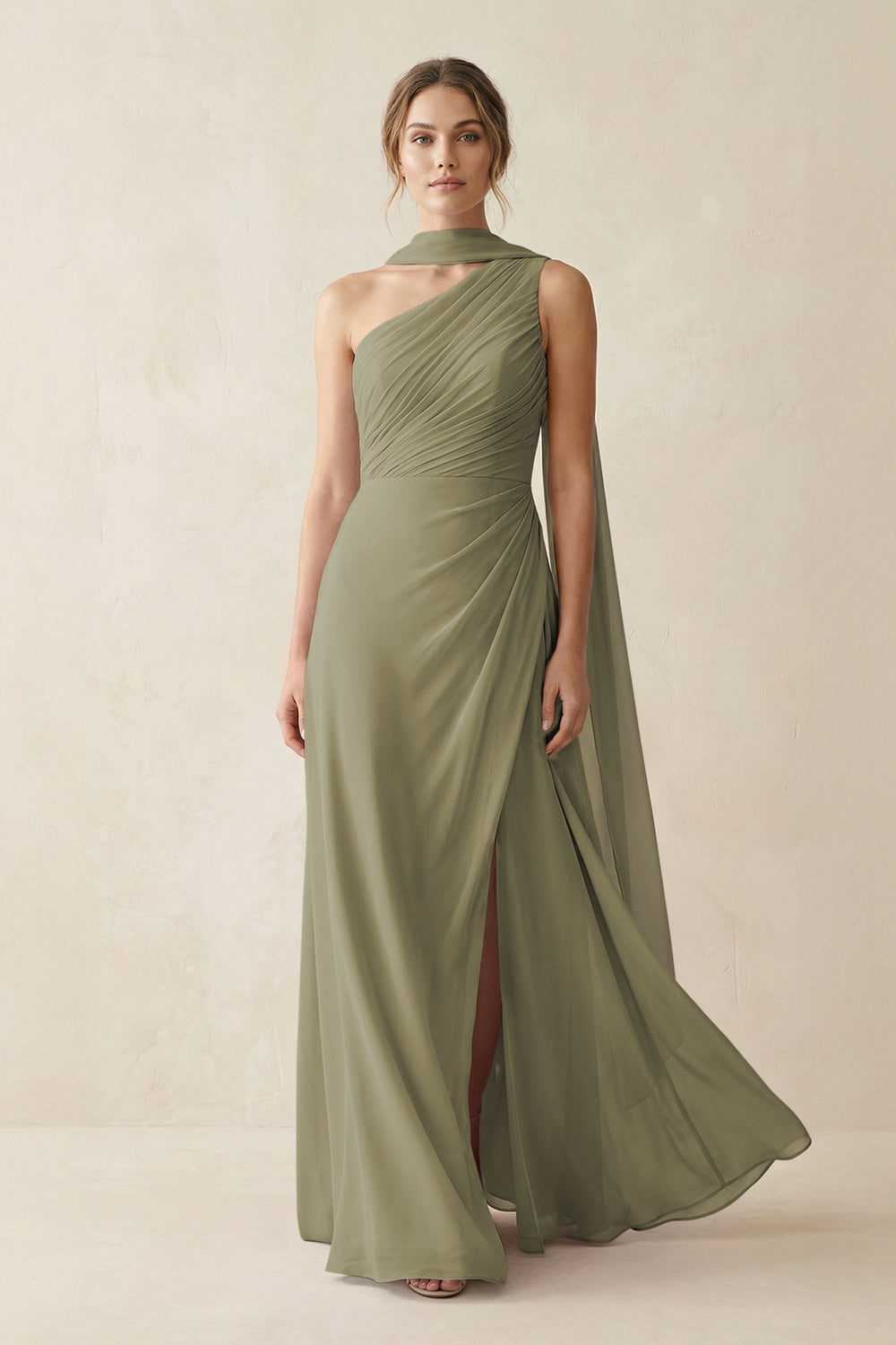 One-Shoulder Sheath Chiffon Bridesmaid Dress with Ribbon in Thyme