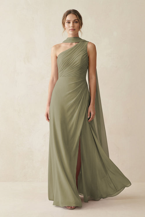 One-Shoulder Sheath Chiffon Bridesmaid Dress with Ribbon in Thyme | KISSBRIDAL