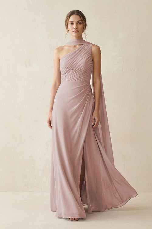 One - Shoulder Sheath Chiffon Bridesmaid Dress with Ribbon in Toffee - SHE IS ME Bridesmaid Dresses