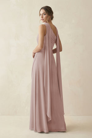 One-Shoulder Sheath Chiffon Bridesmaid Dress with Ribbon in Toffee (2) | KISSBRIDAL