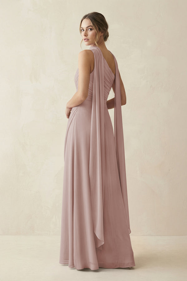 One-Shoulder Sheath Chiffon Bridesmaid Dress with Ribbon in Toffee (2) | KISSBRIDAL