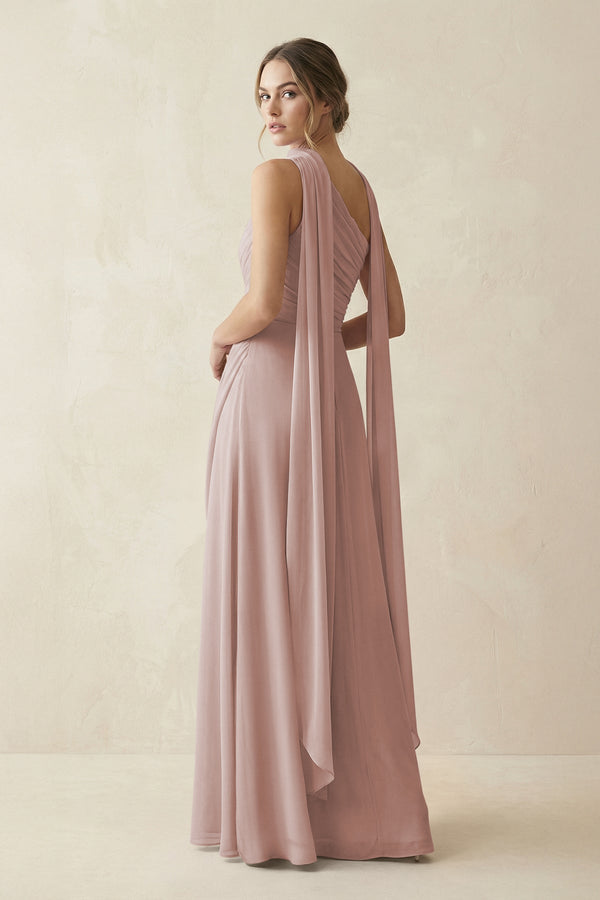 One - Shoulder Sheath Chiffon Bridesmaid Dress with Ribbon in Toffee - SHE IS ME Bridesmaid Dresses