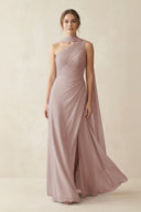 One-Shoulder Sheath Chiffon Bridesmaid Dress with Ribbon in Toffee | KISSBRIDAL