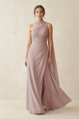 One-Shoulder Sheath Chiffon Bridesmaid Dress with Ribbon in Toffee | KISSBRIDAL