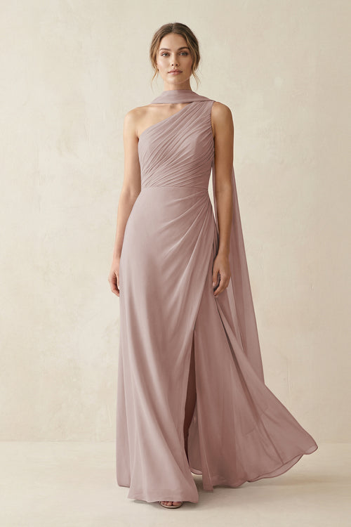 One-Shoulder Sheath Chiffon Bridesmaid Dress with Ribbon in Toffee | KISSBRIDAL
