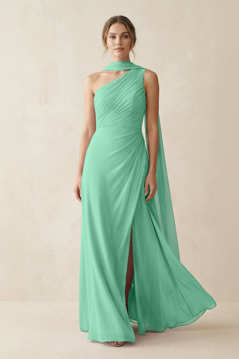 One - Shoulder Sheath Chiffon Bridesmaid Dress with Ribbon in Turquoise - KISS BRIDAL Bridesmaid Dresses