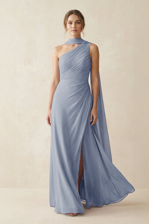 One - Shoulder Sheath Chiffon Bridesmaid Dress with Ribbon in Twilight - SHE IS ME Bridesmaid Dresses