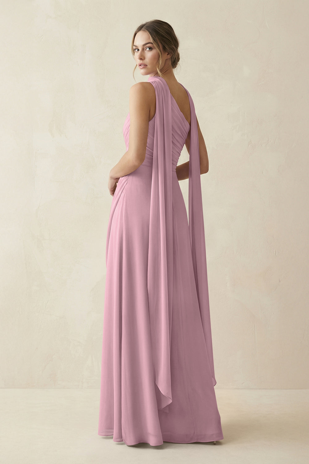 One-Shoulder Sheath Chiffon Bridesmaid Dress with Ribbon in Vintage Mauve