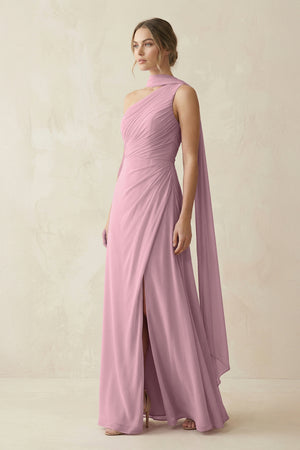 One-Shoulder Sheath Chiffon Bridesmaid Dress with Ribbon in Vintage Mauve (3) | KISSBRIDAL