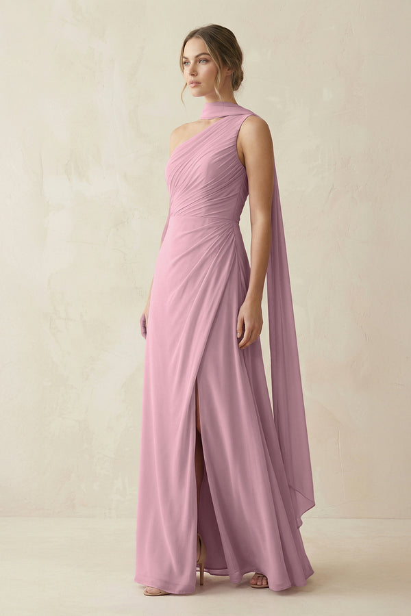 One-Shoulder Sheath Chiffon Bridesmaid Dress with Ribbon in Vintage Mauve (3) | KISSBRIDAL