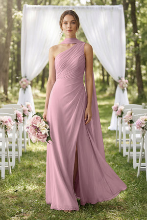 One-Shoulder Sheath Chiffon Bridesmaid Dress with Ribbon in Vintage Mauve (4) | KISSBRIDAL
