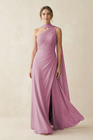 One - Shoulder Sheath Chiffon Bridesmaid Dress with Ribbon in Vintage Mauve - SHE IS ME Bridesmaid Dresses