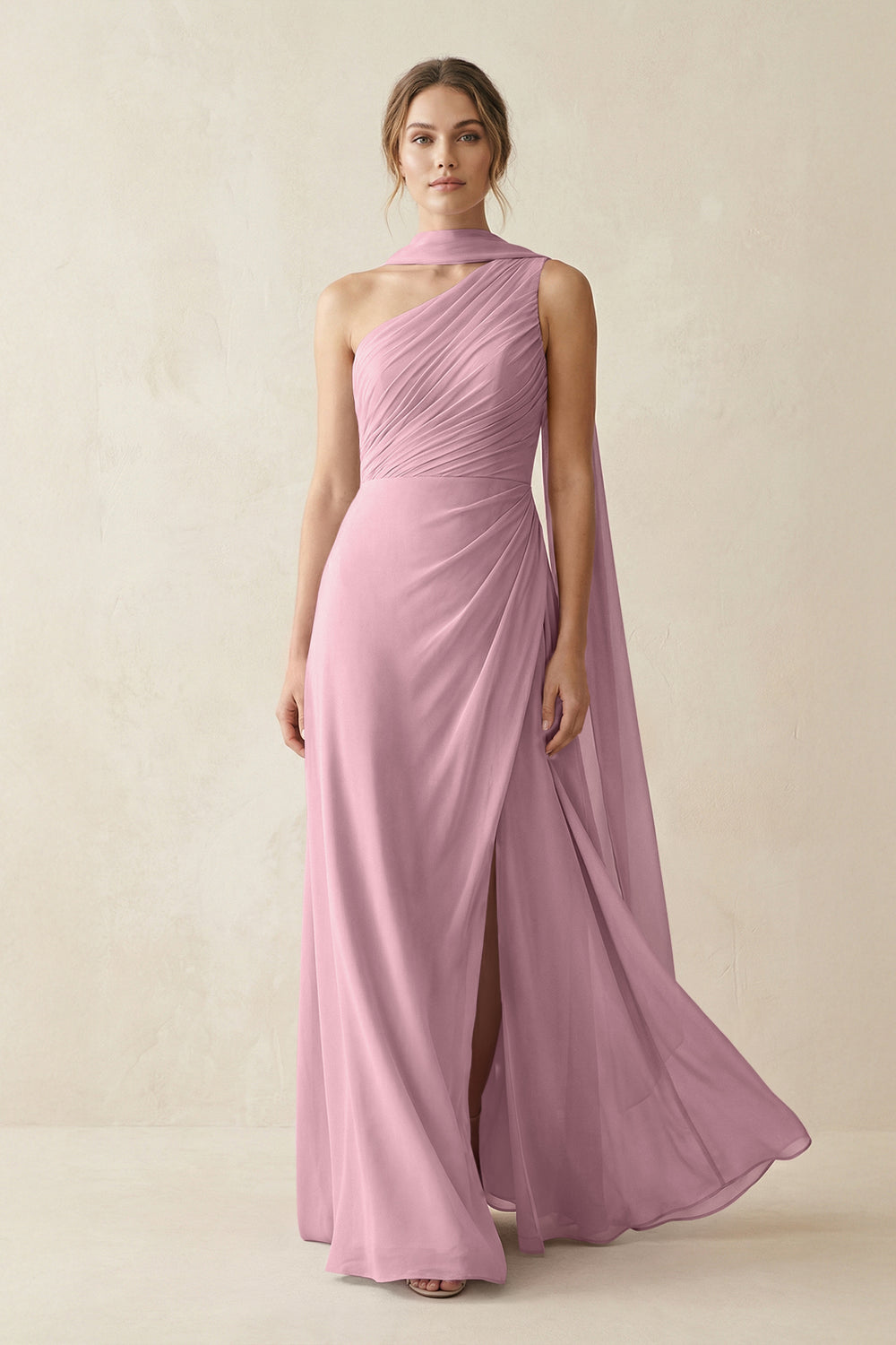 One-Shoulder Sheath Chiffon Bridesmaid Dress with Ribbon in Vintage Mauve