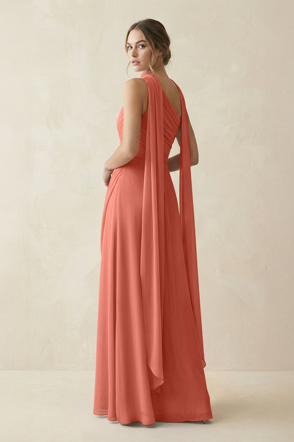One - Shoulder Sheath Chiffon Bridesmaid Dress with Ribbon in Wild Rose - KISS BRIDAL Bridesmaid Dresses