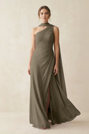 One - Shoulder Sheath Chiffon Bridesmaid Dress with Ribbon in Willow Green - SHE IS ME Bridesmaid Dresses