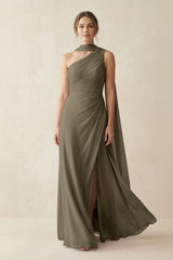 One - Shoulder Sheath Chiffon Bridesmaid Dress with Ribbon in Willow Green - KISS BRIDAL Bridesmaid Dresses