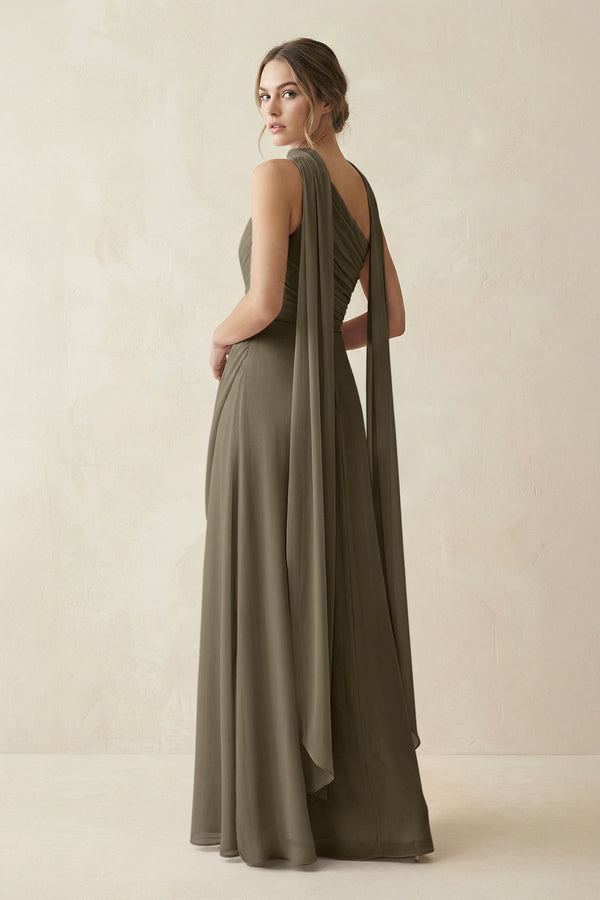 One - Shoulder Sheath Chiffon Bridesmaid Dress with Ribbon in Willow Green - SHE IS ME Bridesmaid Dresses