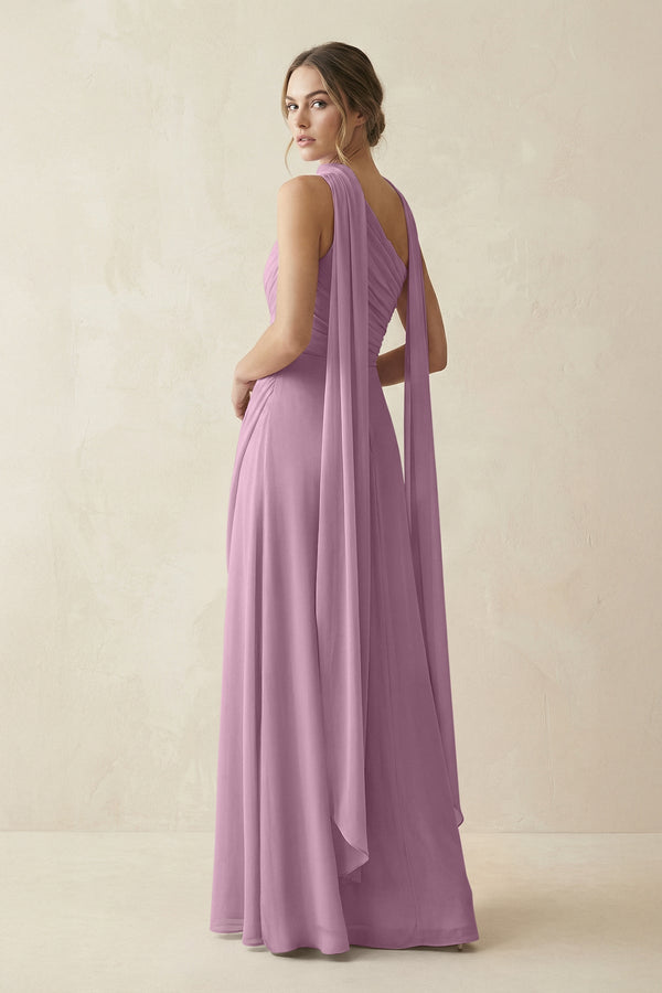 One - Shoulder Sheath Chiffon Bridesmaid Dress with Ribbon in Wisteria - SHE IS ME Bridesmaid Dresses