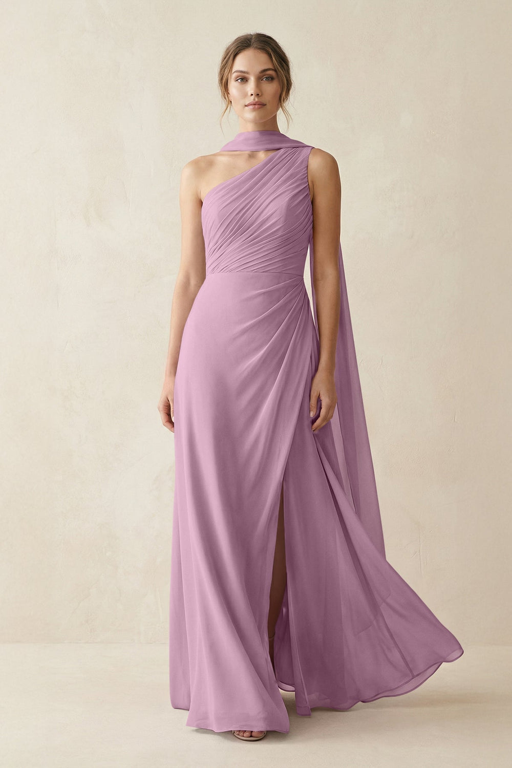 One - Shoulder Sheath Chiffon Bridesmaid Dress with Ribbon in Wisteria - KISS BRIDAL Bridesmaid Dresses
