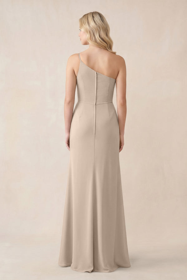 One - Shoulder Sheath Chiffon Ruched Bridesmaid Dress in Almond - SHE IS ME Bridesmaid Dresses