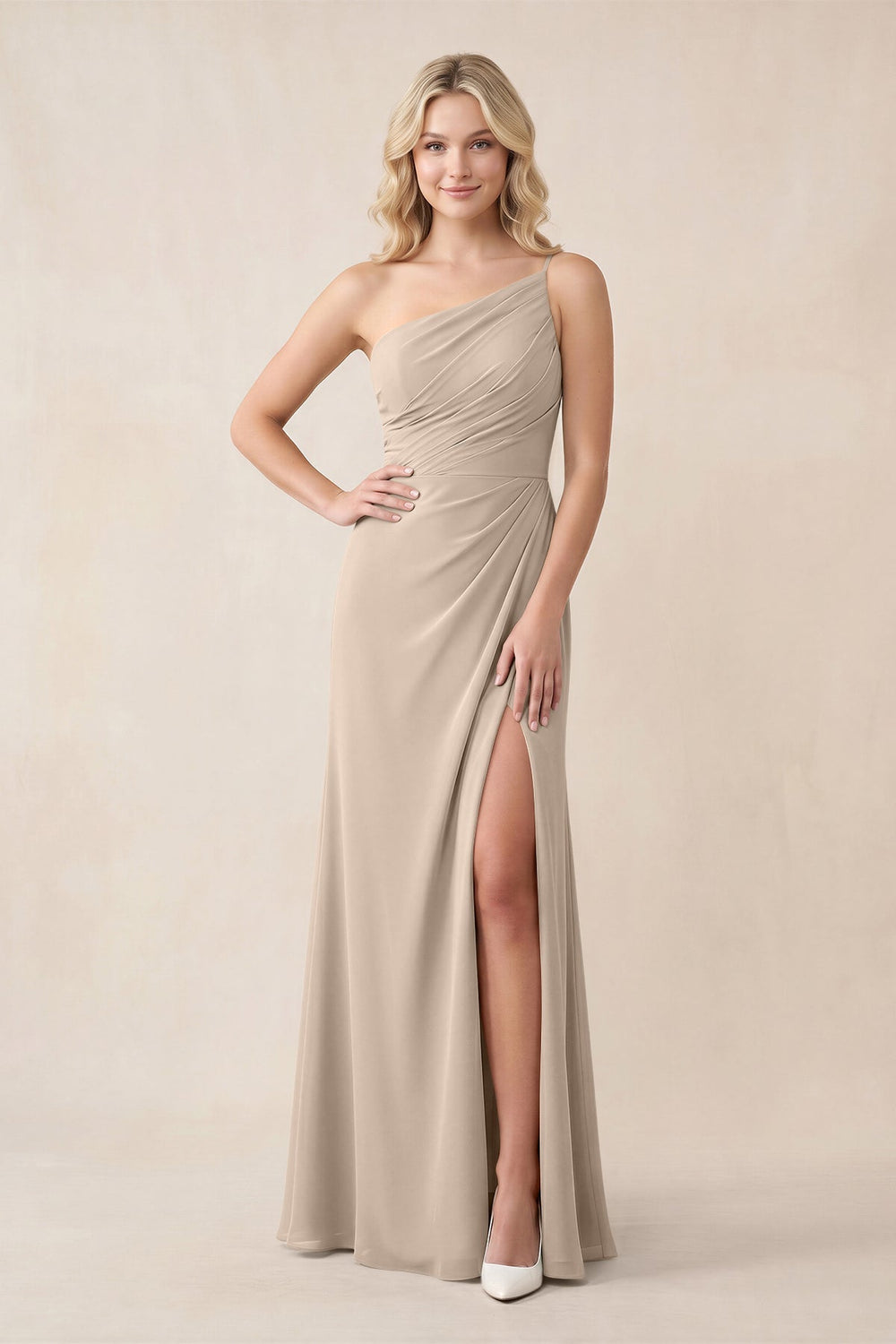 One - Shoulder Sheath Chiffon Ruched Bridesmaid Dress in Almond - KISS BRIDAL Bridesmaid Dresses