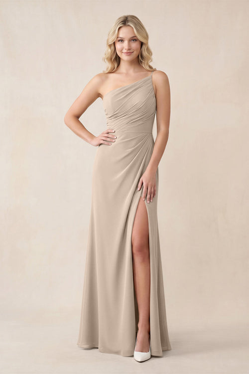 One - Shoulder Sheath Chiffon Ruched Bridesmaid Dress in Almond - SHE IS ME Bridesmaid Dresses