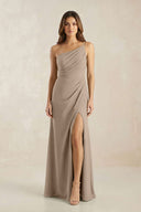 One-Shoulder Sheath Chiffon Ruched Bridesmaid Dress in Almond | KISSBRIDAL