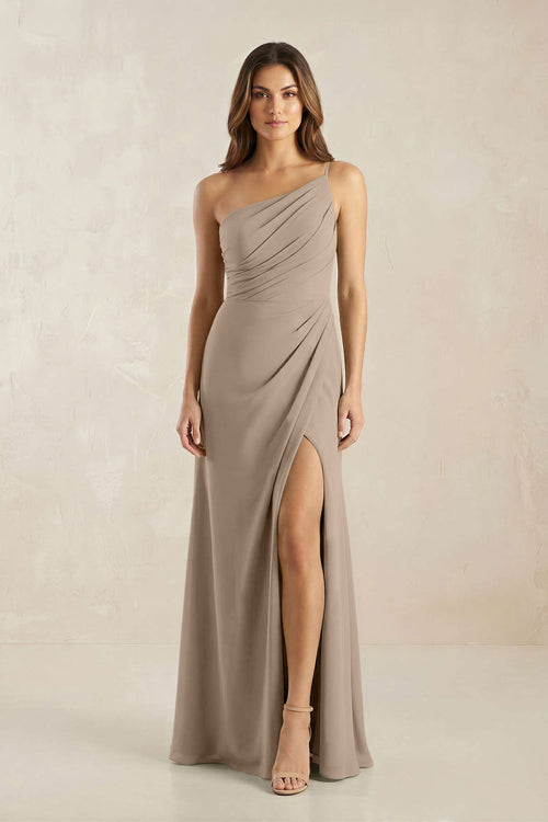 One-Shoulder Sheath Chiffon Ruched Bridesmaid Dress in Almond | KISSBRIDAL