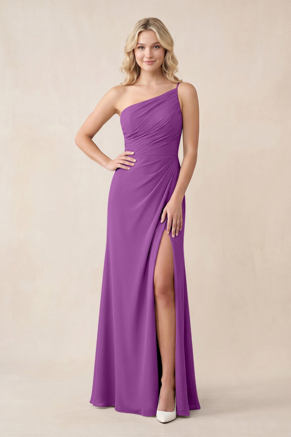 One - Shoulder Sheath Chiffon Ruched Bridesmaid Dress in Amethyst - KISS BRIDAL Bridesmaid Dresses