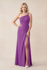 One - Shoulder Sheath Chiffon Ruched Bridesmaid Dress in Amethyst - KISS BRIDAL Bridesmaid Dresses
