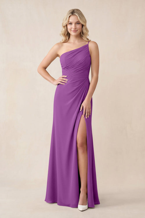 One - Shoulder Sheath Chiffon Ruched Bridesmaid Dress in Amethyst - SHE IS ME Bridesmaid Dresses
