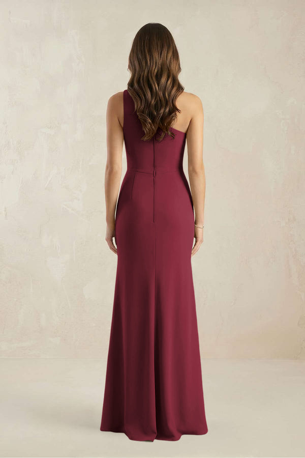 One-Shoulder Sheath Chiffon Ruched Bridesmaid Dress in Berry (2) | KISSBRIDAL