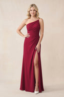 One - Shoulder Sheath Chiffon Ruched Bridesmaid Dress in Berry - SHE IS ME Bridesmaid Dresses