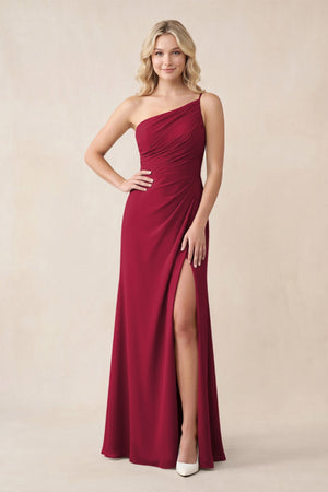 One - Shoulder Sheath Chiffon Ruched Bridesmaid Dress in Berry - SHE IS ME Bridesmaid Dresses