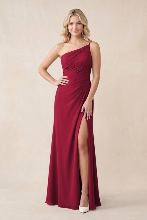 One - Shoulder Sheath Chiffon Ruched Bridesmaid Dress in Berry - SHE IS ME Bridesmaid Dresses