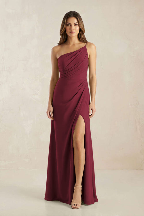 One-Shoulder Sheath Chiffon Ruched Bridesmaid Dress in Berry | KISSBRIDAL