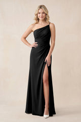 One - Shoulder Sheath Chiffon Ruched Bridesmaid Dress in Black - KISS BRIDAL Bridesmaid Dresses
