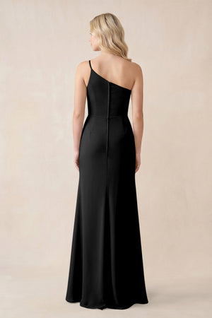 One - Shoulder Sheath Chiffon Ruched Bridesmaid Dress in Black - SHE IS ME Bridesmaid Dresses