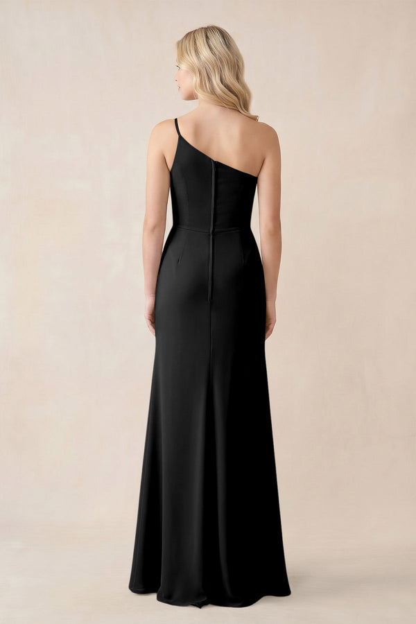 One - Shoulder Sheath Chiffon Ruched Bridesmaid Dress in Black - SHE IS ME Bridesmaid Dresses