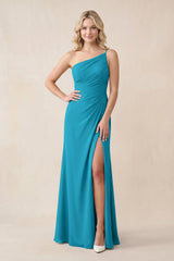 One - Shoulder Sheath Chiffon Ruched Bridesmaid Dress in Blue Jay - KISS BRIDAL Bridesmaid Dresses