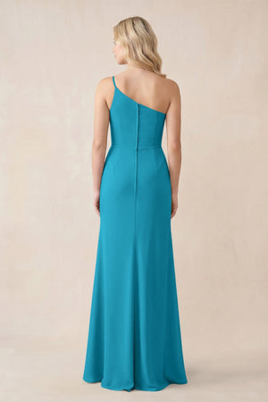 One - Shoulder Sheath Chiffon Ruched Bridesmaid Dress in Blue Jay - SHE IS ME Bridesmaid Dresses