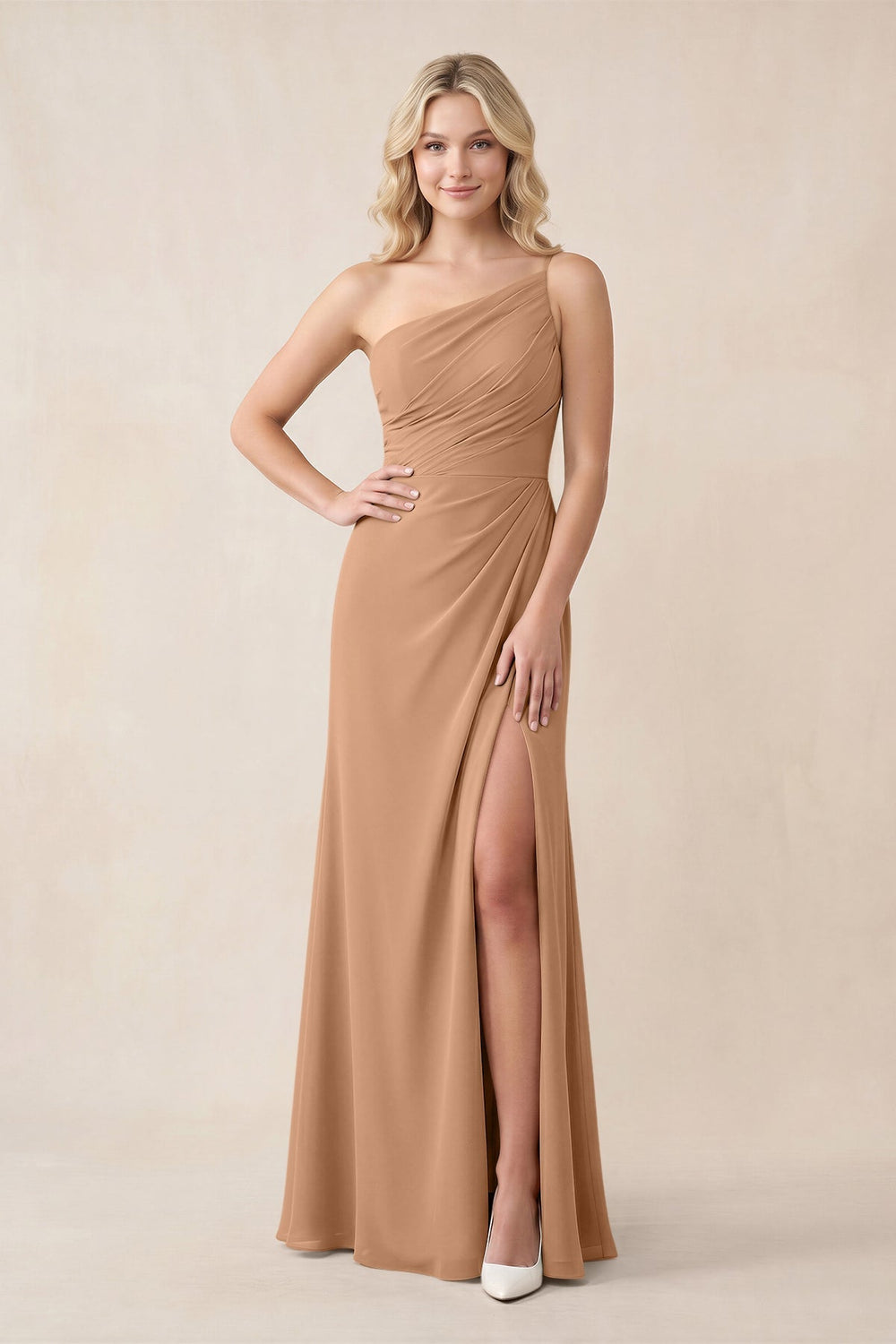 One - Shoulder Sheath Chiffon Ruched Bridesmaid Dress in Bronzer - KISS BRIDAL Bridesmaid Dresses