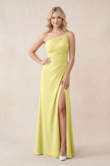 One - Shoulder Sheath Chiffon Ruched Bridesmaid Dress in Buttercup - KISS BRIDAL Bridesmaid Dresses