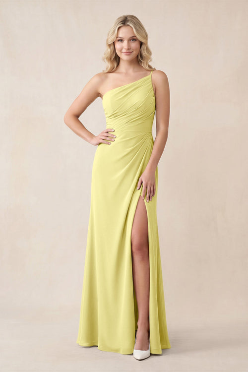 One - Shoulder Sheath Chiffon Ruched Bridesmaid Dress in Buttercup - SHE IS ME Bridesmaid Dresses