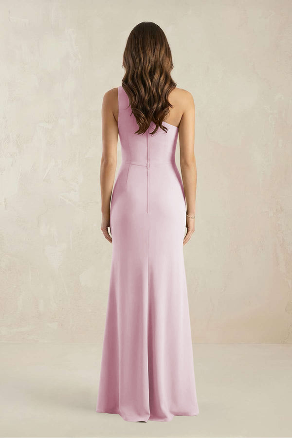 One-Shoulder Sheath Chiffon Ruched Bridesmaid Dress in Candy Pink (2) | KISSBRIDAL