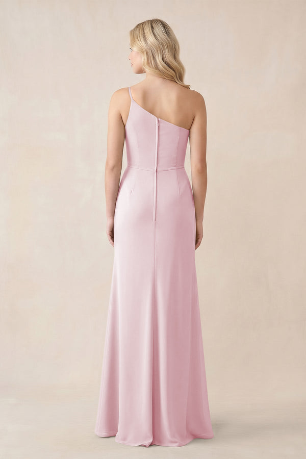 One - Shoulder Sheath Chiffon Ruched Bridesmaid Dress in Candy Pink - SHE IS ME Bridesmaid Dresses