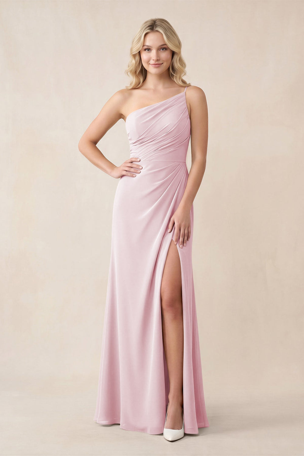One - Shoulder Sheath Chiffon Ruched Bridesmaid Dress in Candy Pink - KISS BRIDAL Bridesmaid Dresses