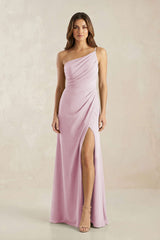 One-Shoulder Sheath Chiffon Ruched Bridesmaid Dress in Candy Pink | KISSBRIDAL