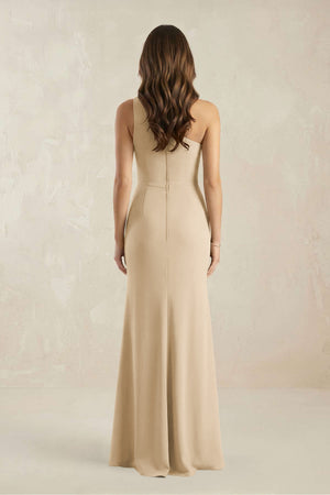 One-Shoulder Sheath Chiffon Ruched Bridesmaid Dress in Champagne (2) | KISSBRIDAL