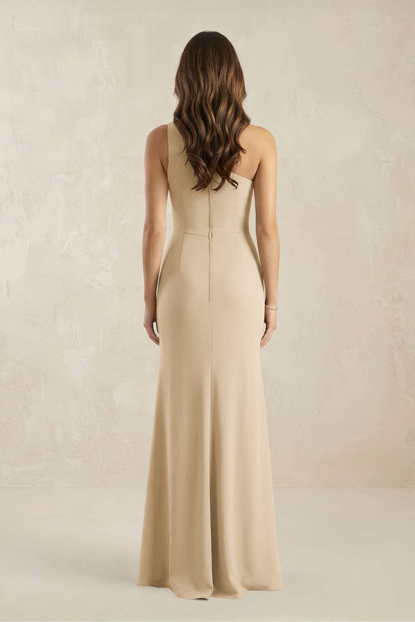 One-Shoulder Sheath Chiffon Ruched Bridesmaid Dress in Champagne (2) | KISSBRIDAL